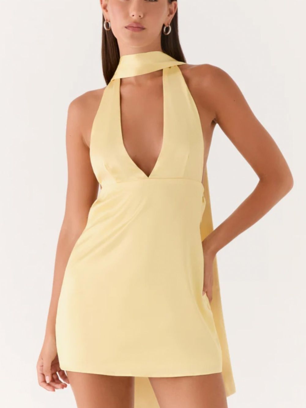 Peppermayo Alicia Satin Halter Mini Dress - Pastel Yellow